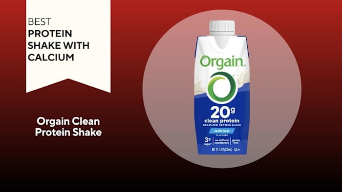 A red background with a white banner reading "Best Protein Shake with Calcium" next to a white, green and blue carton of Orgain Clean Protein Shake in Vanilla flavor